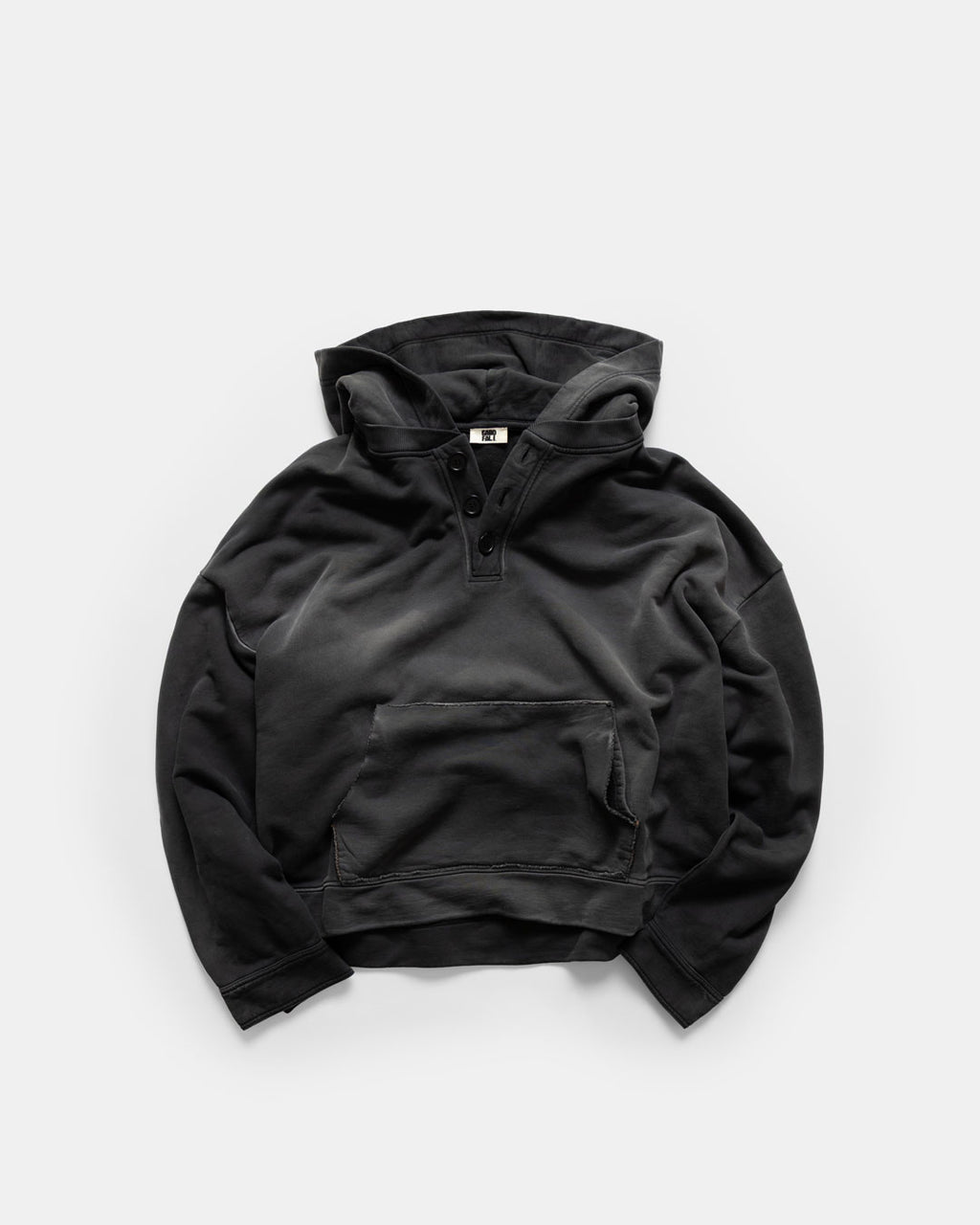 Men's heavyweight hoodie in black, front view with hood down