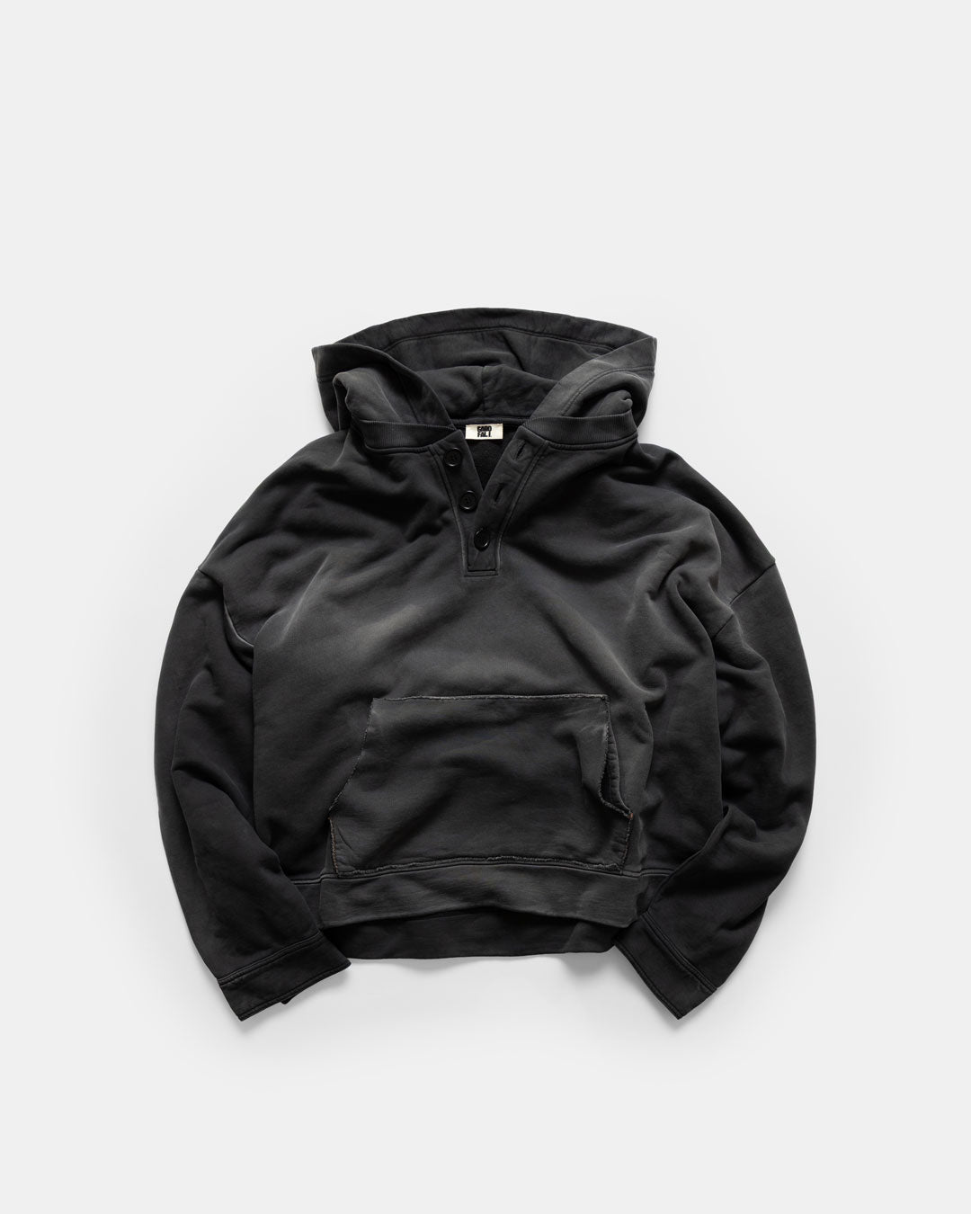 Men's heavyweight hoodie in black, front view with hood down