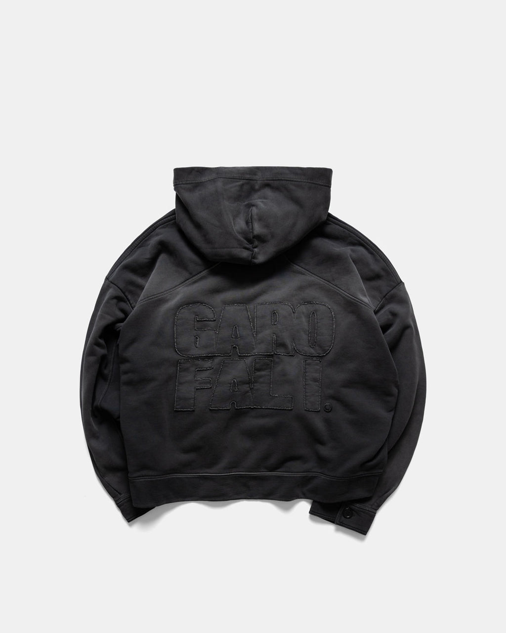 Men's heavyweight hoodie in black, back view with embroidered logo