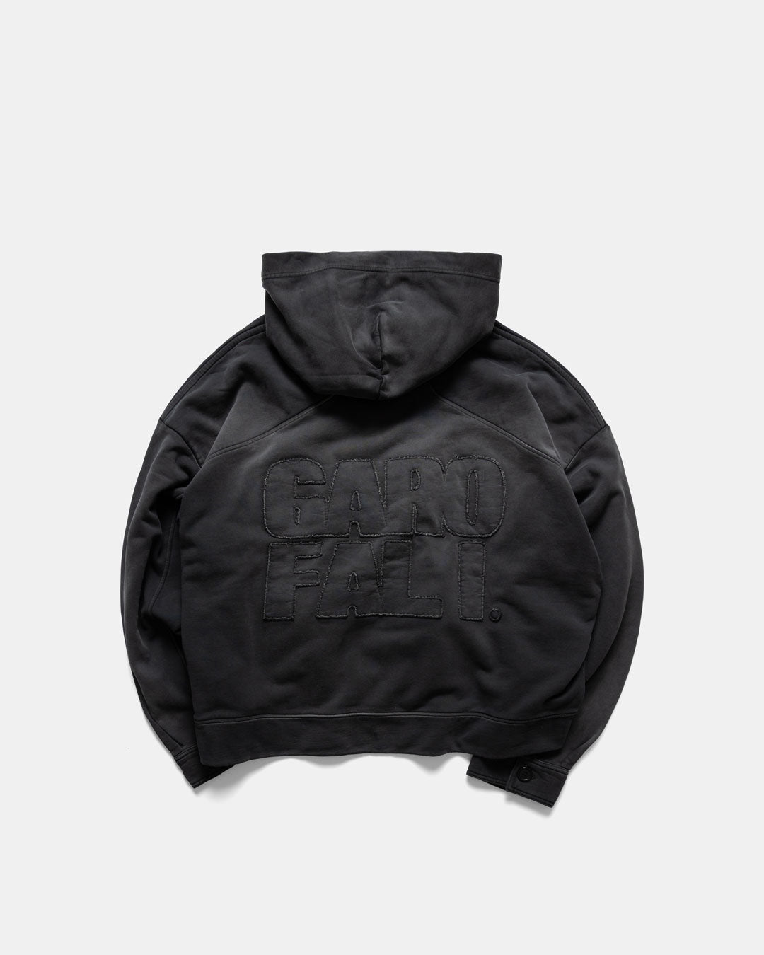 Men's heavyweight hoodie in black, back view with embroidered logo