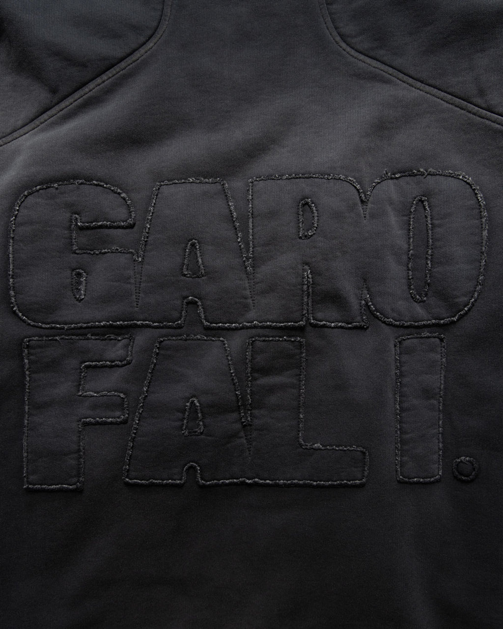 Men's heavyweight hoodie in black, distressed embroidered logo detail on back