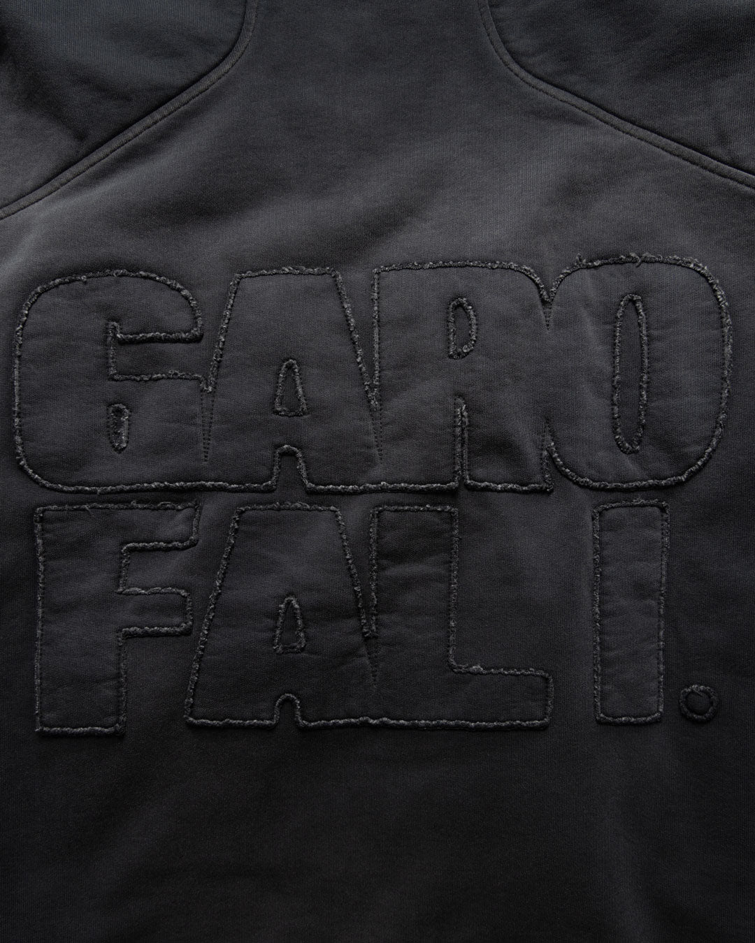 Men's heavyweight hoodie in black, distressed embroidered logo detail on back