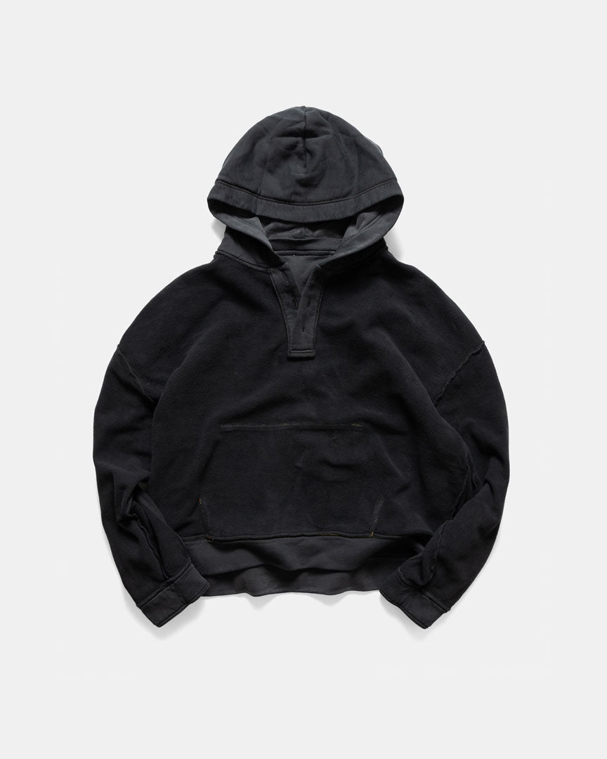 Men's heavyweight hoodie in black, worn inside out, front view